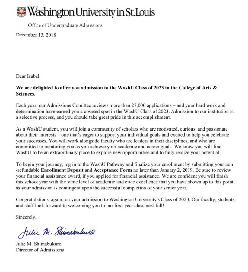 Acceptance letter from Washington University