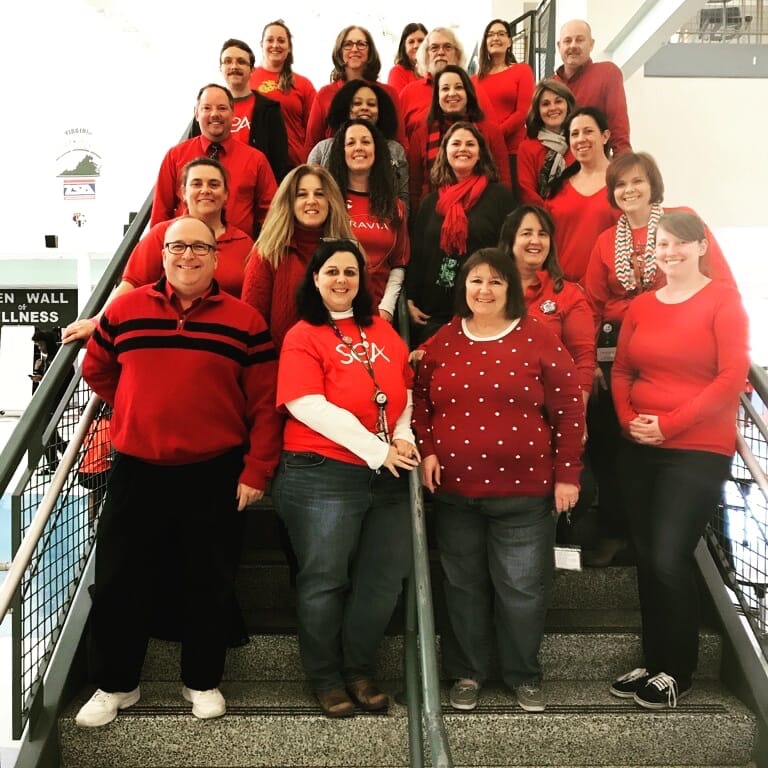 Colonial Forge teachers wearing Red for Ed.