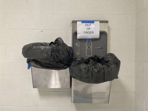 Water fountains have been covered with trash bags and duct tape, marked out of order since the beginning of the year.