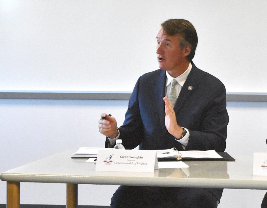 Governor Glenn Youngkin speaking at a meeting held at Forge, weeks later after this event he would announce the new gender support policies. 