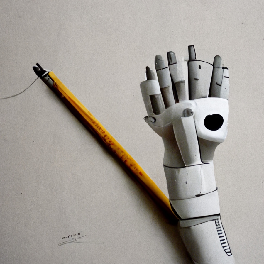 Robot hand near a pencil, image created by Midjourney AI.