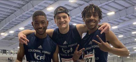 The 4x400 team after placing 4th at State Championships in 2022. Featured  (Left to Right) are Jacinto Jones (22), Jackson McDonald (23), and Matt Fisher (25).